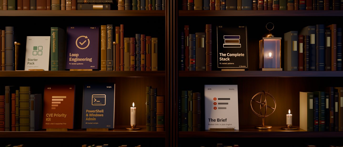 A walnut bookcase in lamplight holding the AIS code libraries, a lantern, candles and a brass armillary sphere