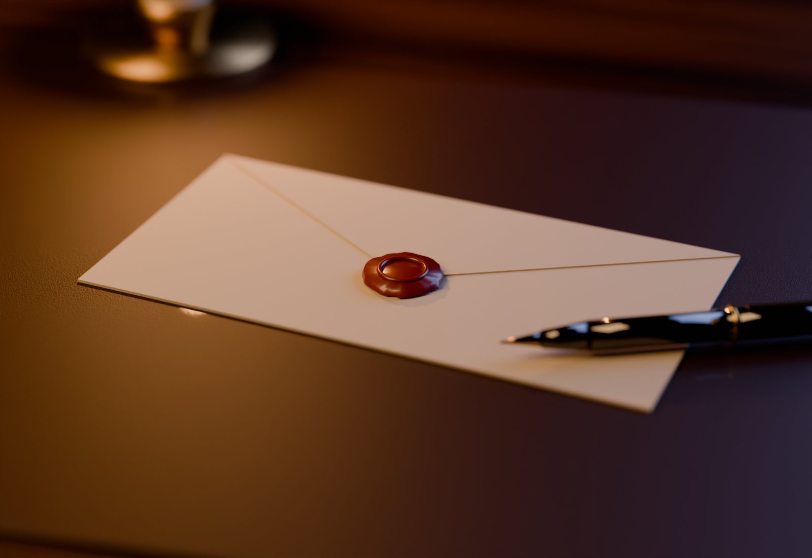 A letter sealed with red wax and a fountain pen on a desk, a candle in the background