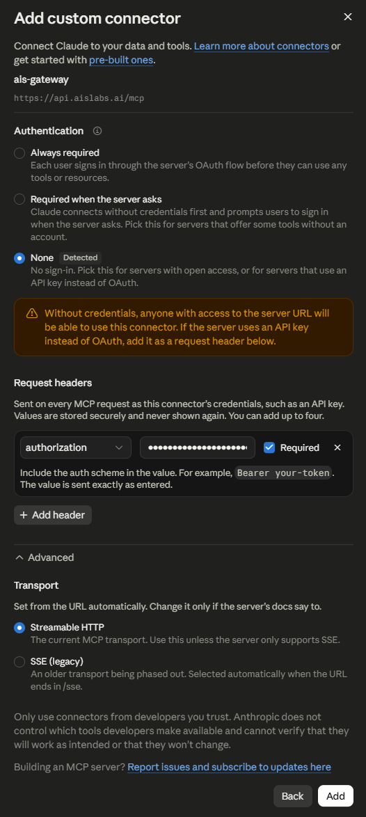 Claude app: Add custom connector dialog — Authentication set to None, one request header named authorization with the value Bearer your key, transport Streamable HTTP