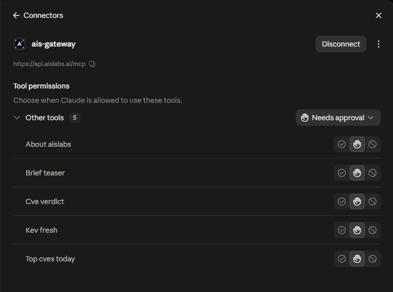Claude app: the ais-gateway connector connected, listing tools with per-tool permission controls