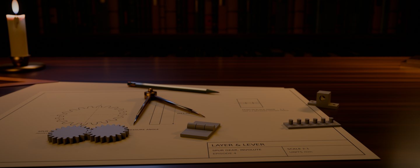 A drafting table at night: episode 4's spur gear drawn on a sheet, two grey prototype gears meshed in front of the drawing, the print-in-place hinge, the clearance coupon and a shaft bracket, with brass dividers, a pencil and a candle; bookshelves behind