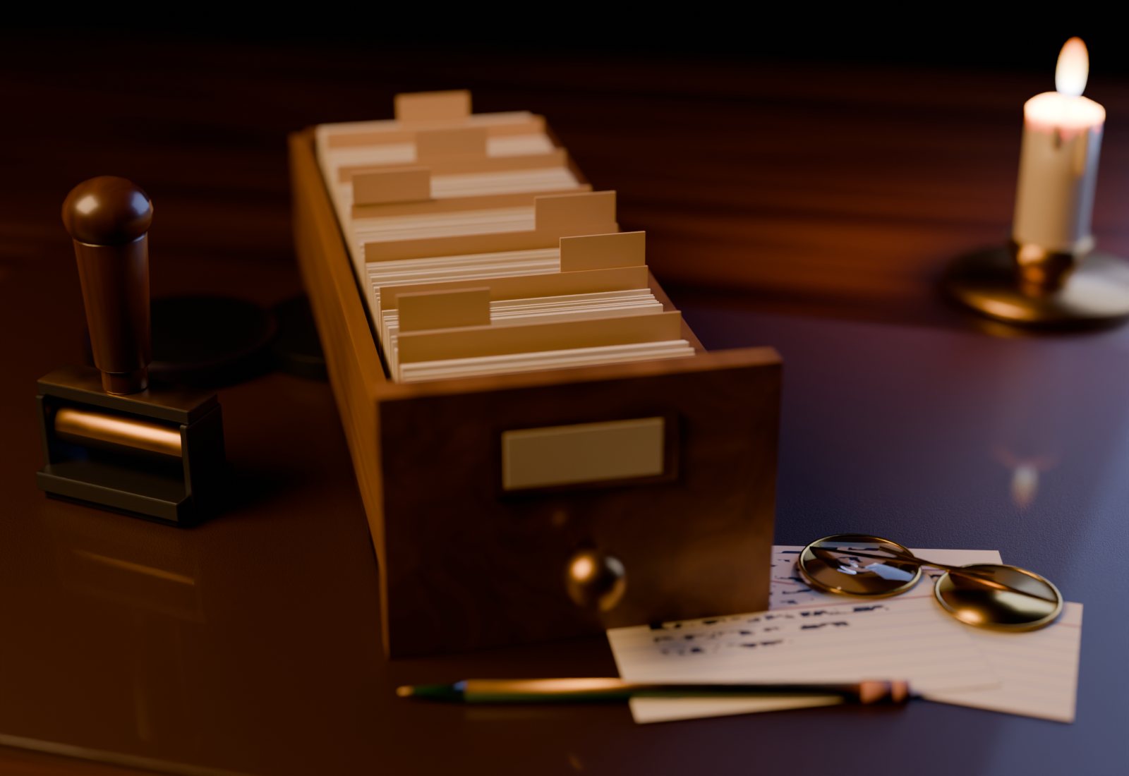 A librarian's desk at night: an open card catalog drawer full of index cards, a date stamp, round spectacles on handwritten catalog cards, a pencil and a candle