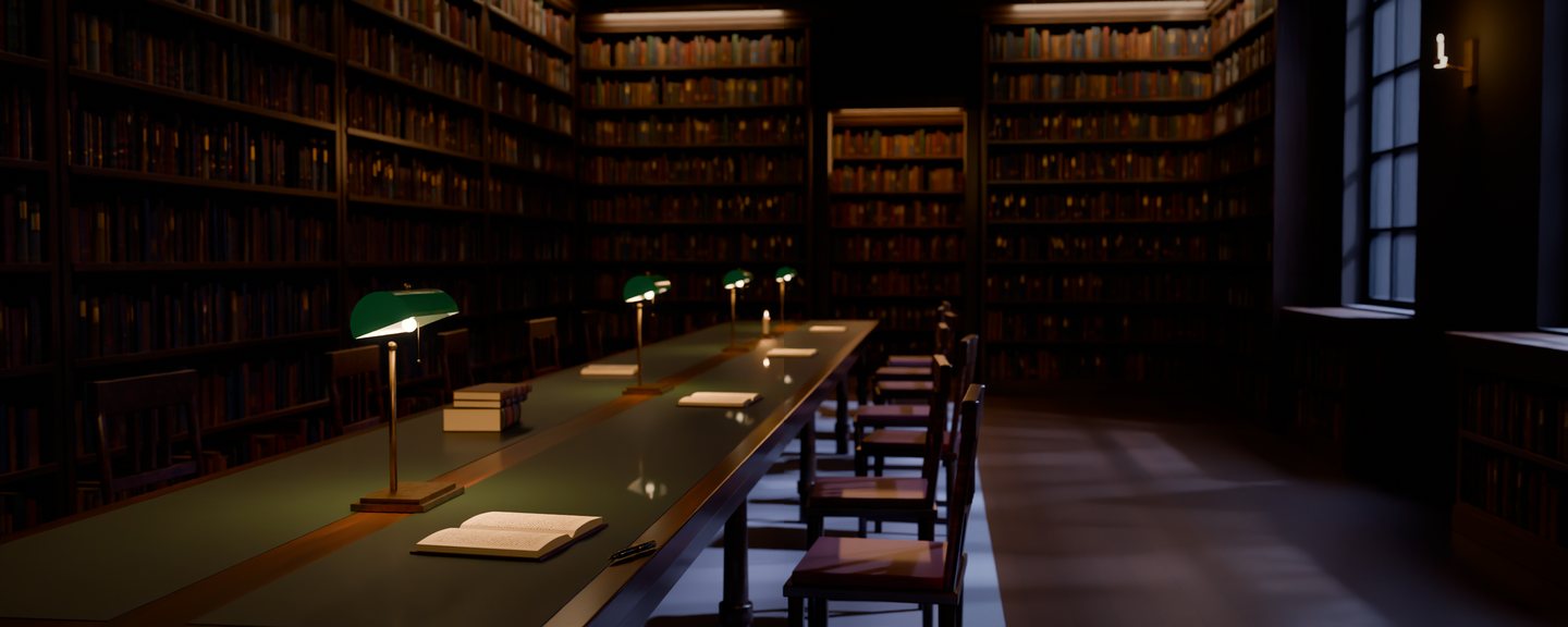 A library reading room at night: a long table under green-shaded lamps, an open book in the lamplight, walls of books, moonlight at a tall window